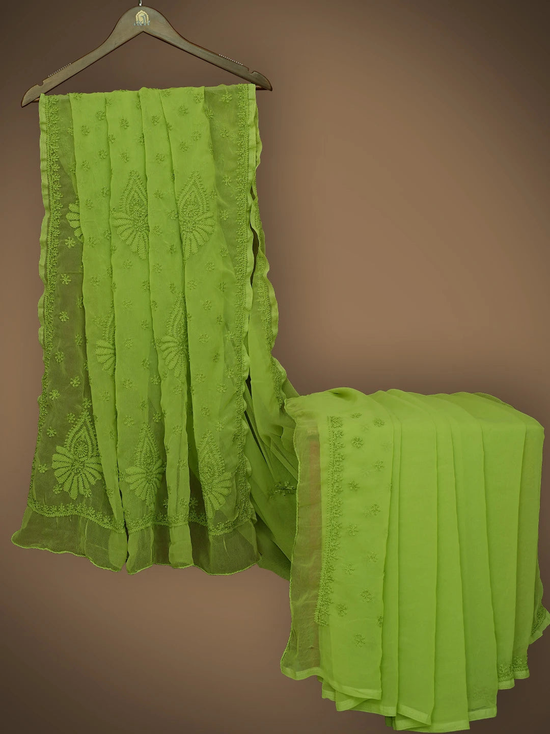 Ada Hand Embroidered Apple Green Georgette Lucknowi Chikankari Saree With Blouse 01A764126