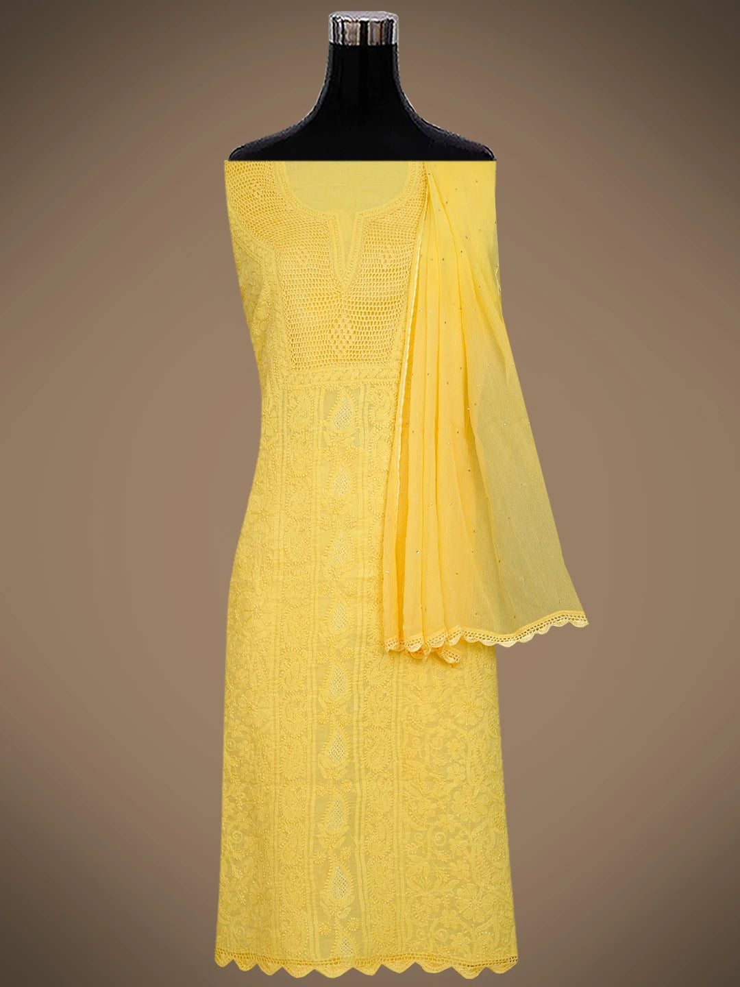 Ada Hand Embroidered Yellow Cotton Lucknowi Chikankari Unstitched Suit Piece With Mukaish Work 01A839569