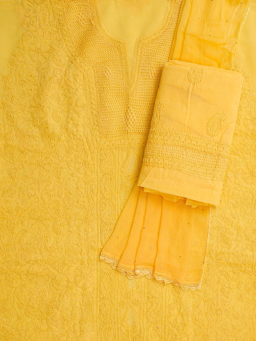 Ada Hand Embroidered Yellow Cotton Lucknowi Chikankari Unstitched Suit Piece With Mukaish Work 01A839569