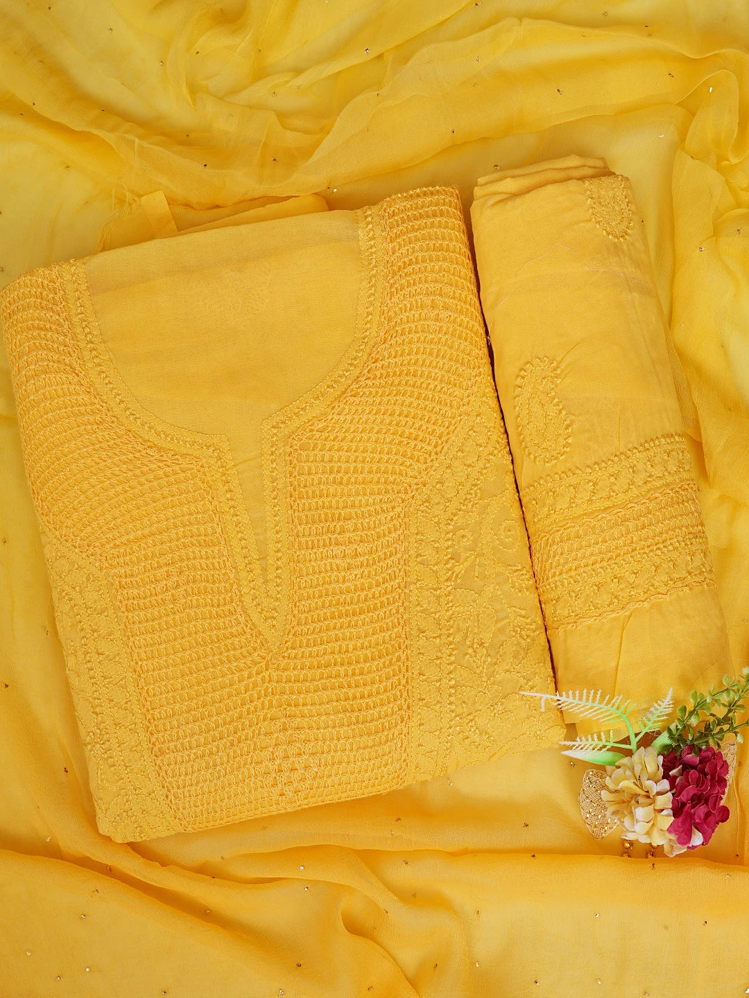 Ada Hand Embroidered Yellow Cotton Lucknowi Chikankari Unstitched Suit Piece With Mukaish Work 01A839569