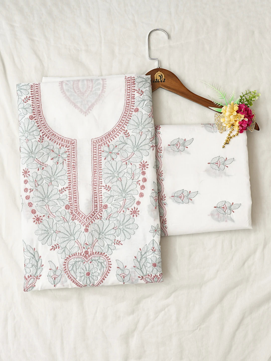 Ada Hand Embroidered White Cotton Lucknowi Chikankari Unstitched Suit Piece 01A836868