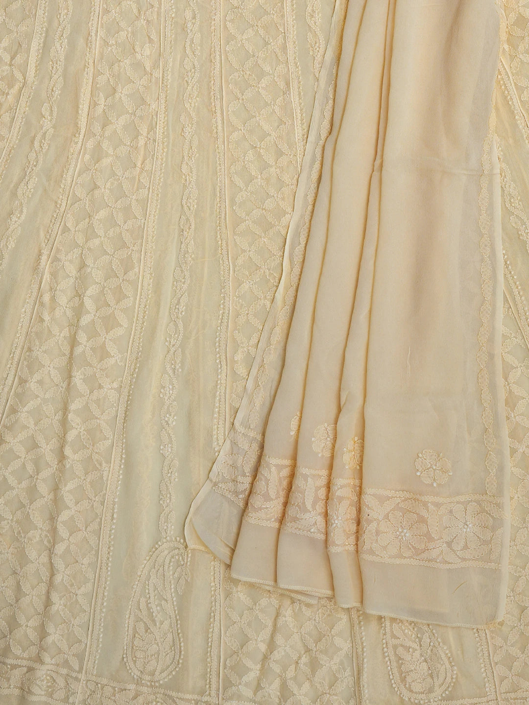 Ada Hand Embroidered Biscuit Yellow Viscose Georgette Lucknowi Chikankari Semi-stitched Anarkali Kurta Dupatta Set 01A807113