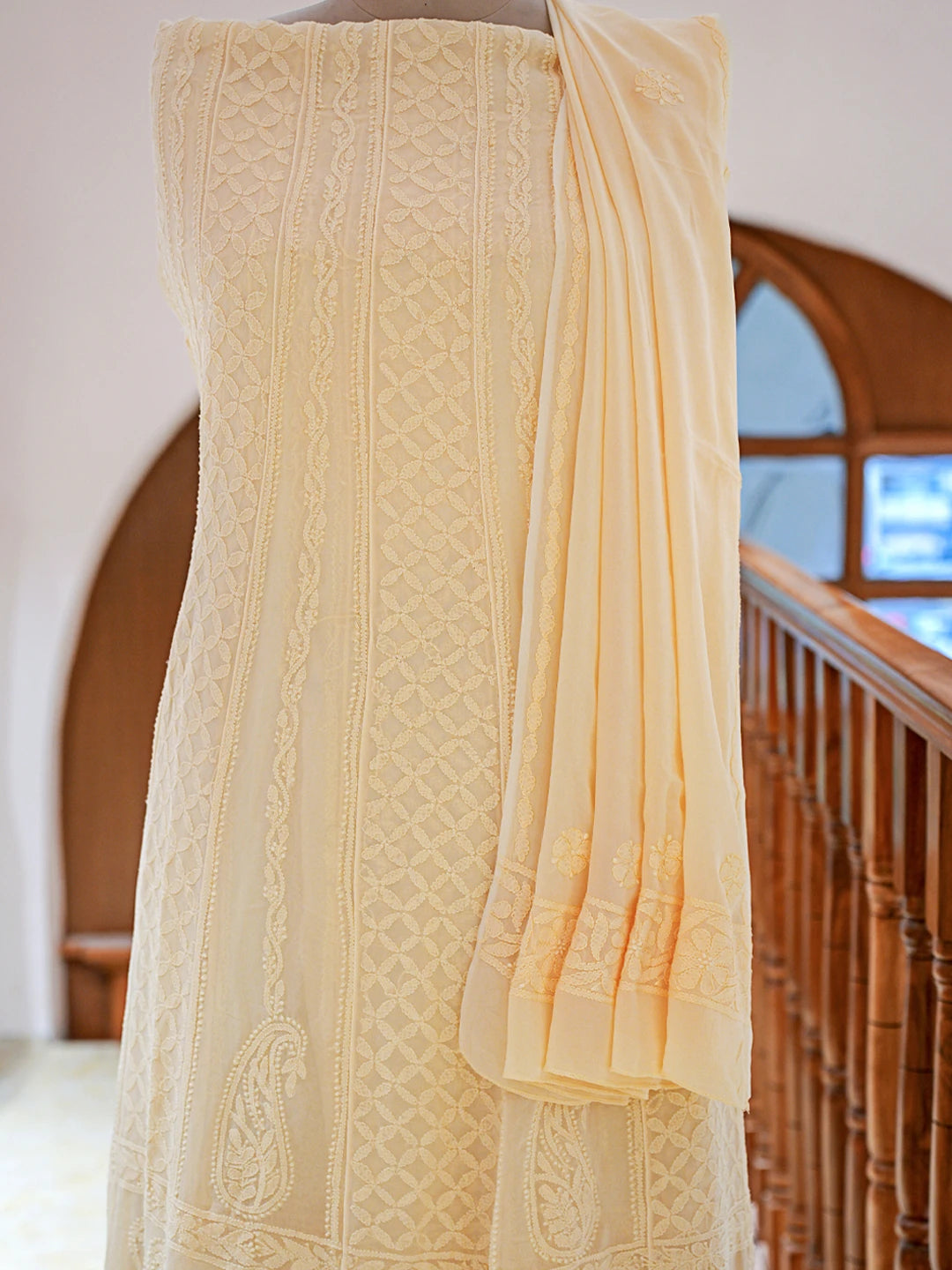Ada Hand Embroidered Biscuit Yellow Viscose Georgette Lucknowi Chikankari Semi-stitched Anarkali Kurta Dupatta Set 01A807113