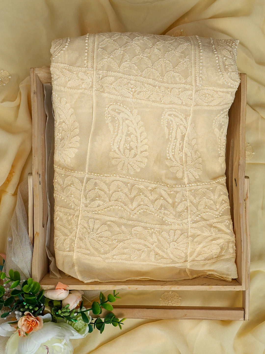 Ada Hand Embroidered Biscuit Yellow Viscose Georgette Lucknowi Chikankari Semi-stitched Anarkali Kurta Dupatta Set 01A807113
