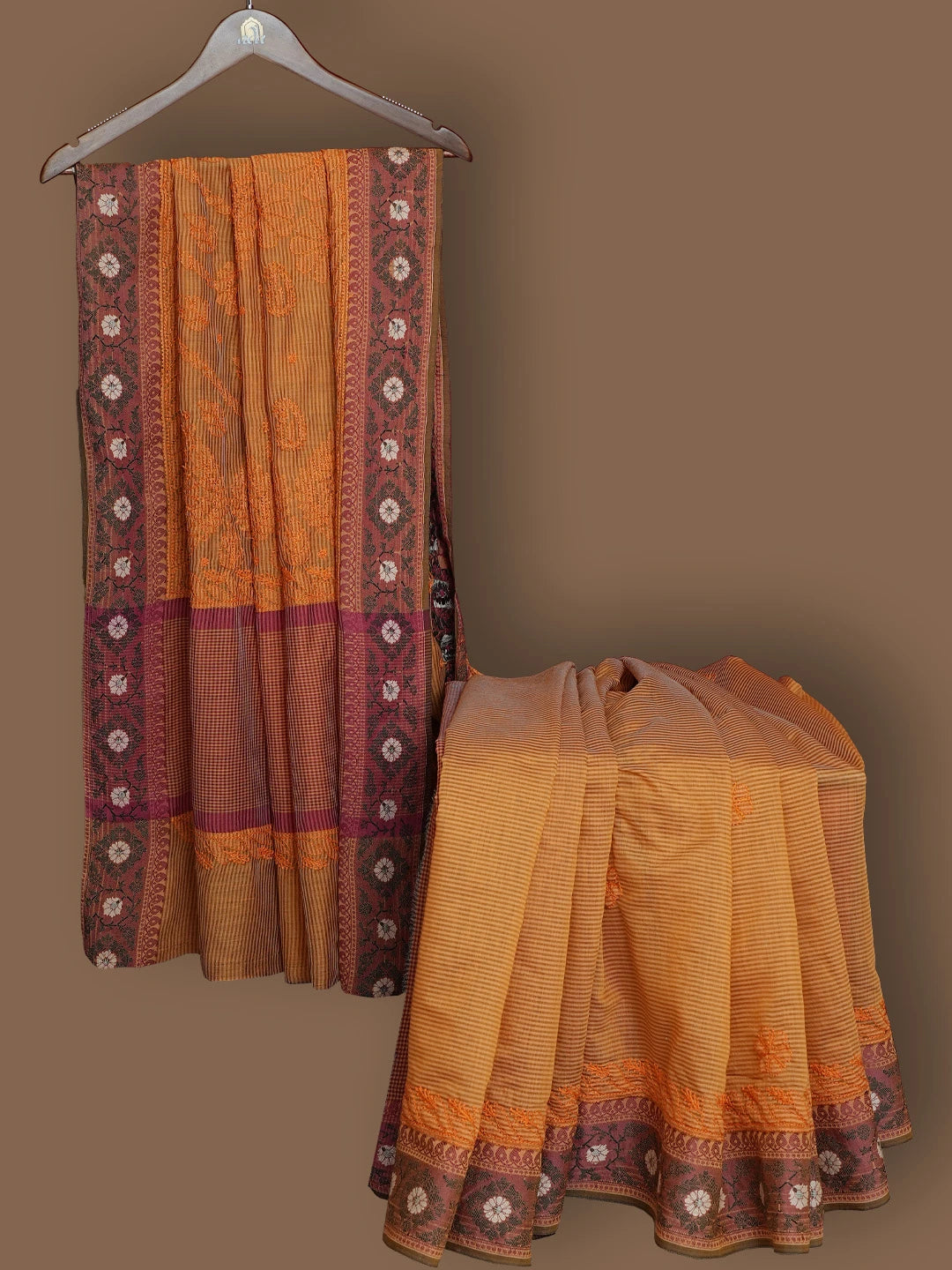 Ada Hand Embroidered Rust Chanderi Lucknowi Chikankari Saree and Blouse 01A838218
