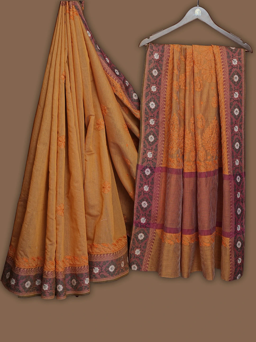 Ada Hand Embroidered Rust Chanderi Lucknowi Chikankari Saree and Blouse 01A838218