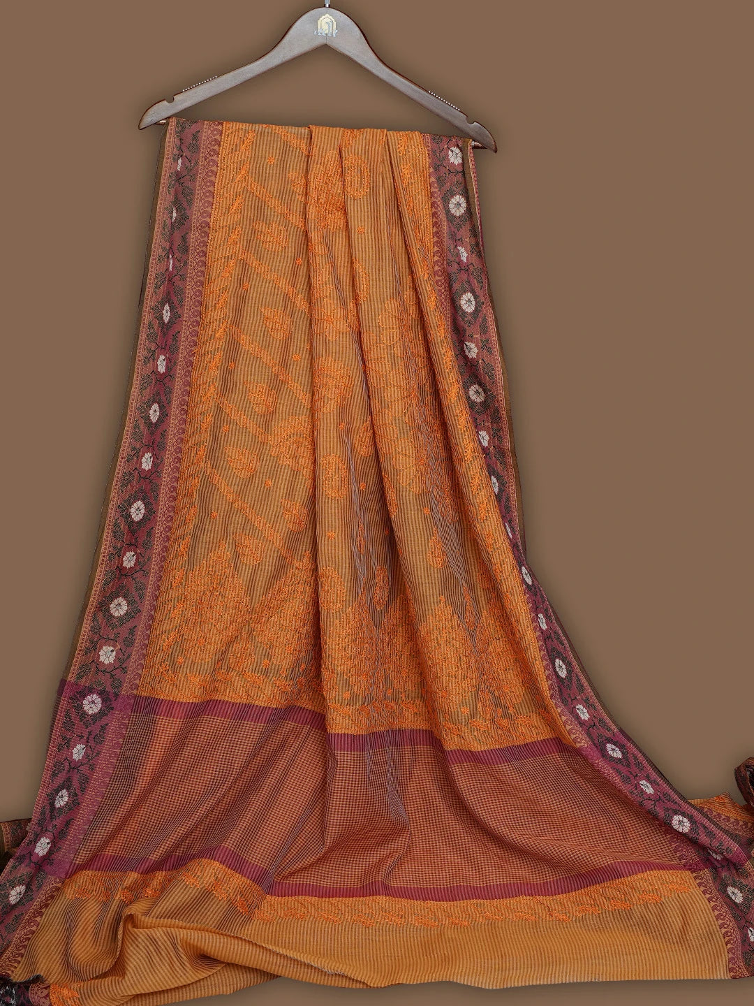 Ada Hand Embroidered Rust Chanderi Lucknowi Chikankari Saree and Blouse 01A838218