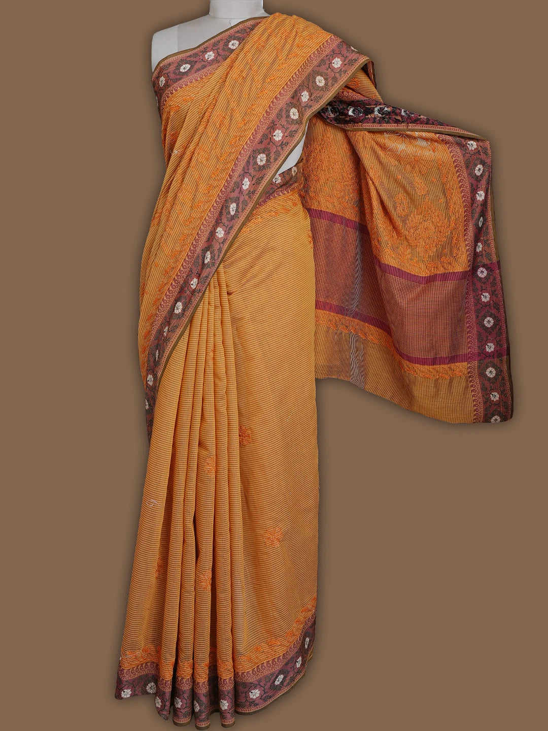 Ada Hand Embroidered Rust Chanderi Lucknowi Chikankari Saree and Blouse 01A838218