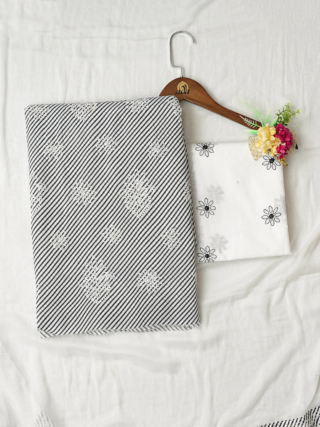 Ada Hand Embroidered Black And White Cotton Lucknowi Chikankari Unstitched Suit Piece 01A836821