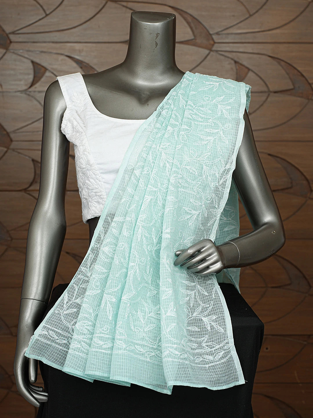 Ada Hand Embroidered Sea Foam Green Kota Lucknowi Chikankari Dupatta 01A794376