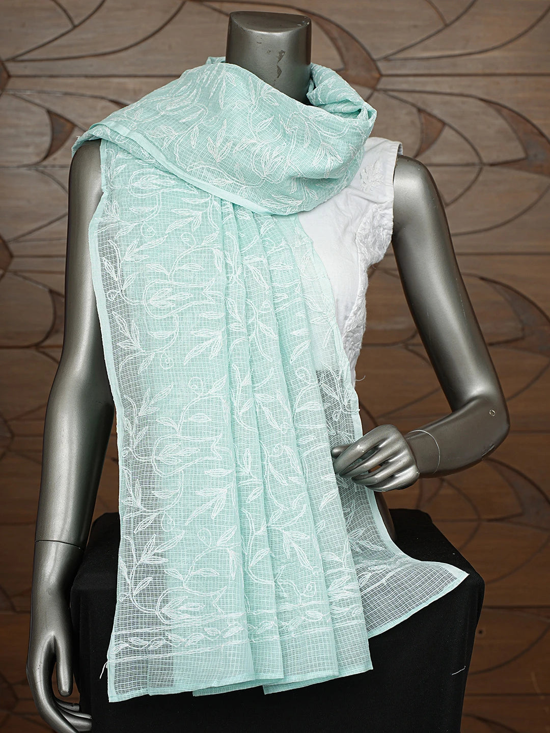 Ada Hand Embroidered Sea Foam Green Kota Lucknowi Chikankari Dupatta 01A794376