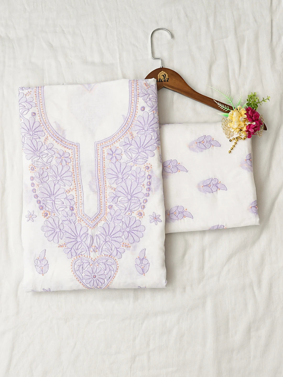 Ada Hand Embroidered White Cotton Lucknowi Chikankari Unstitched Suit Piece 01A836870