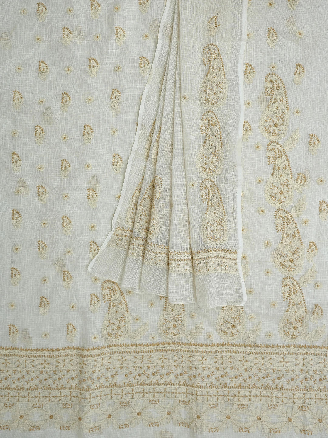 Ada Hand Embroidered Cream Kota Lucknowi Chikankari Unstitched Kurta Dupatta Set 01A831664
