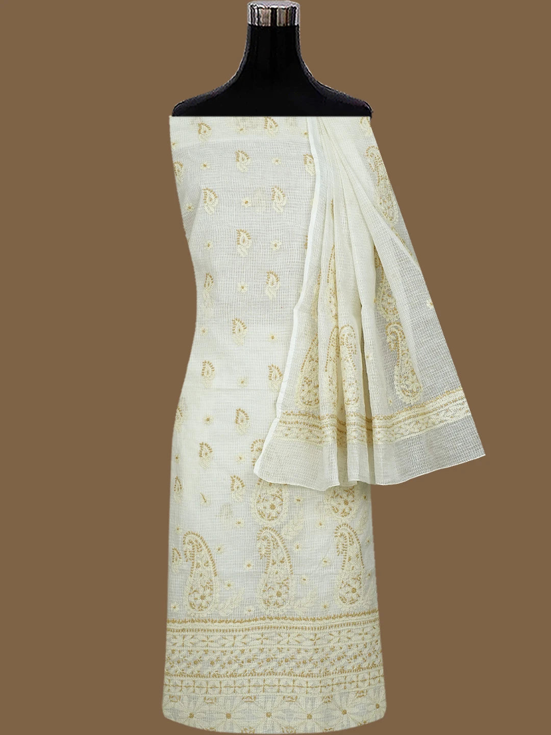 Ada Hand Embroidered Cream Kota Lucknowi Chikankari Unstitched Kurta Dupatta Set 01A831664