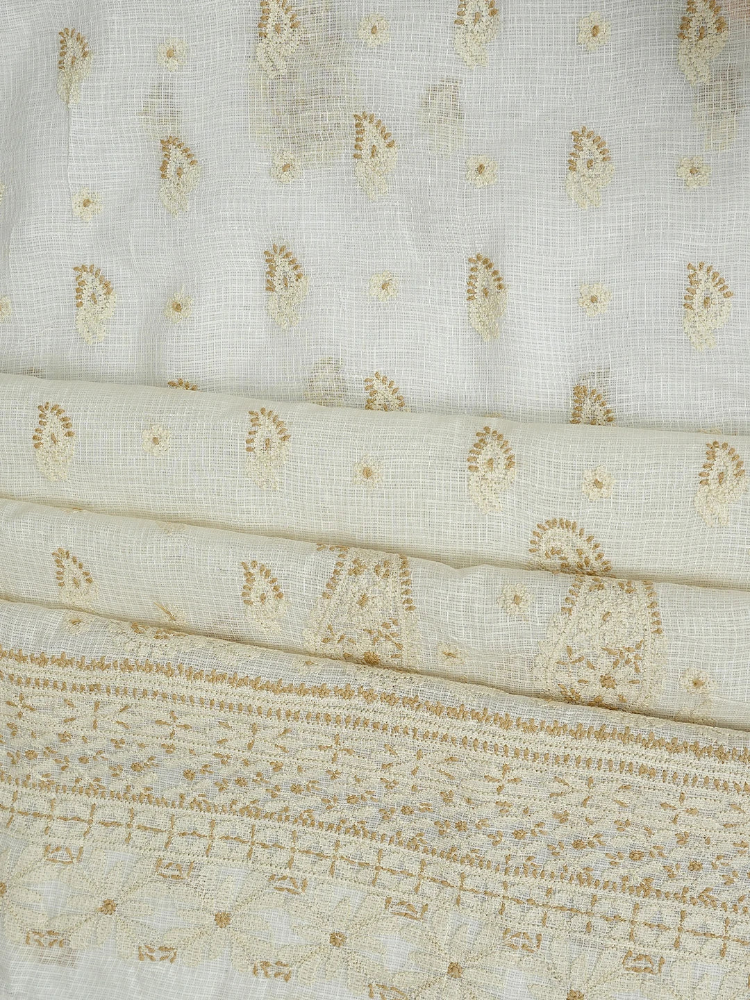 Ada Hand Embroidered Cream Kota Lucknowi Chikankari Unstitched Kurta Dupatta Set 01A831664