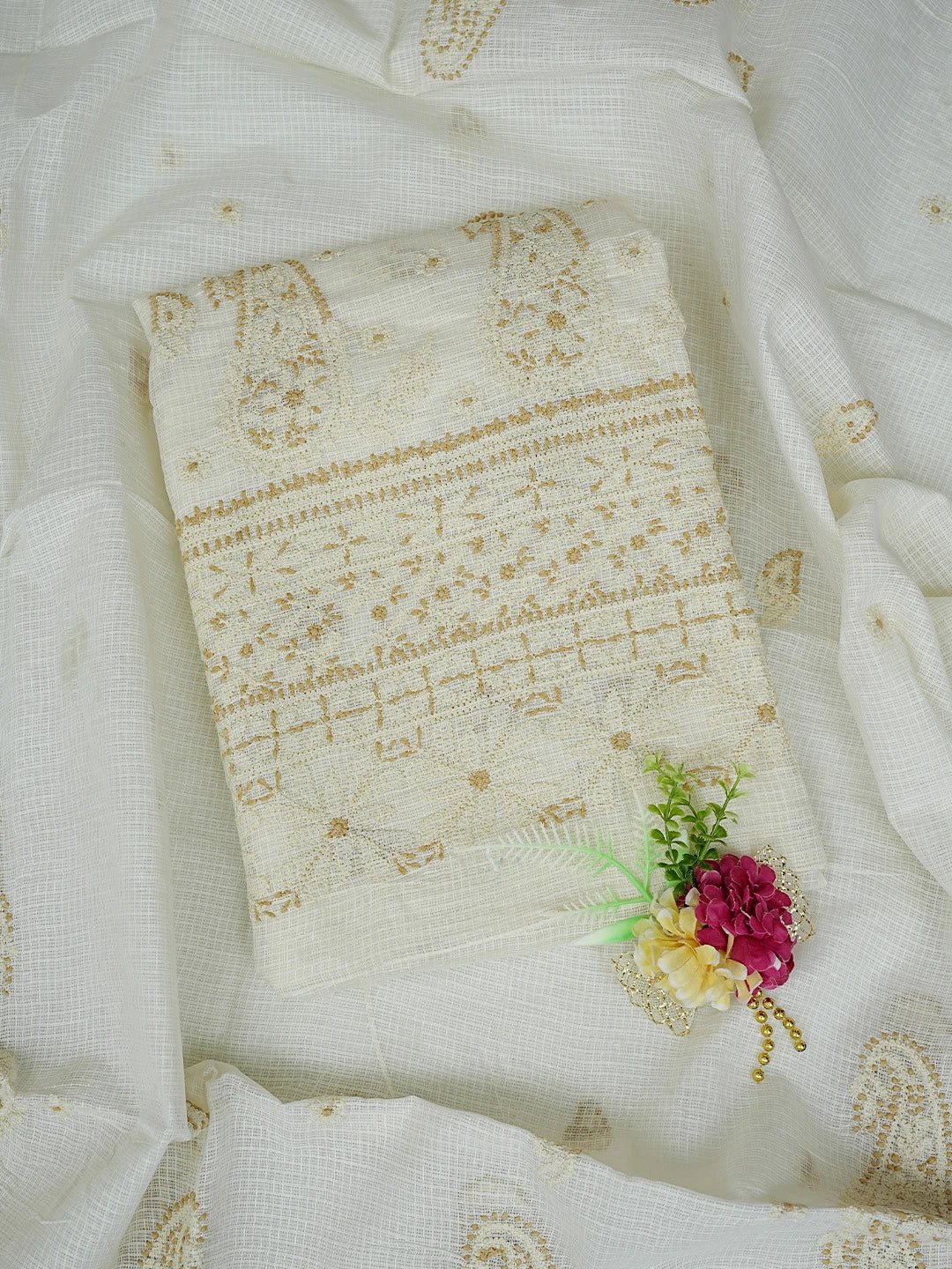 Ada Hand Embroidered Cream Kota Lucknowi Chikankari Unstitched Kurta Dupatta Set 01A831664