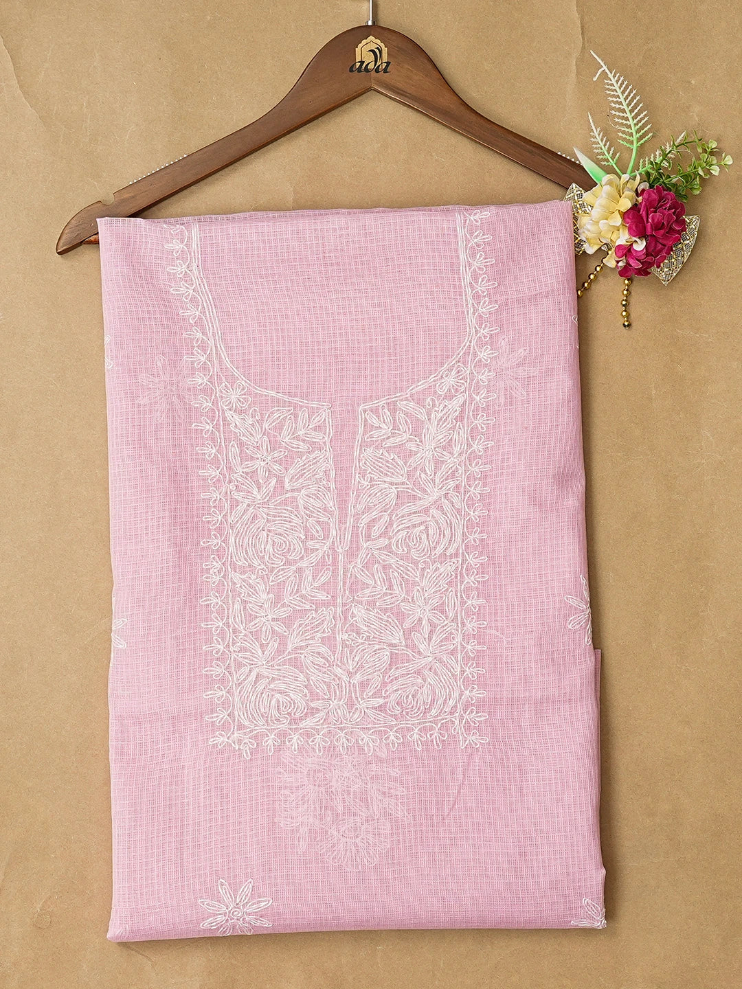 Ada Hand Embroidered Pink Kota Lucknowi Chikankari Unstitched Kurta Piece 01A838030