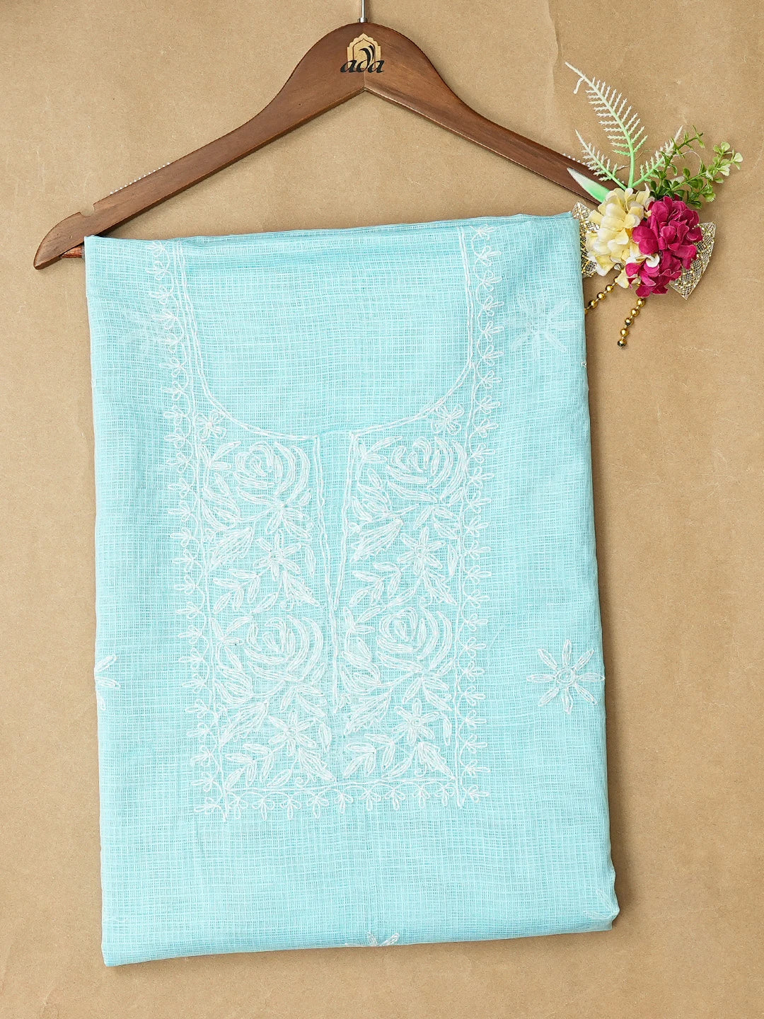 Ada Hand Embroidered Blue Kota Lucknowi Chikankari Unstitched Kurta Piece 01A838005