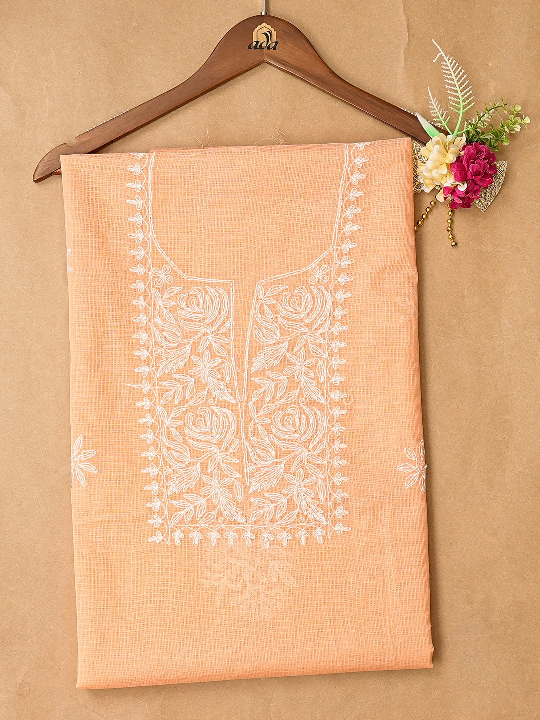 Ada Hand Embroidered Peach Kota Lucknowi Chikankari Unstitched Kurta Piece 01A838031