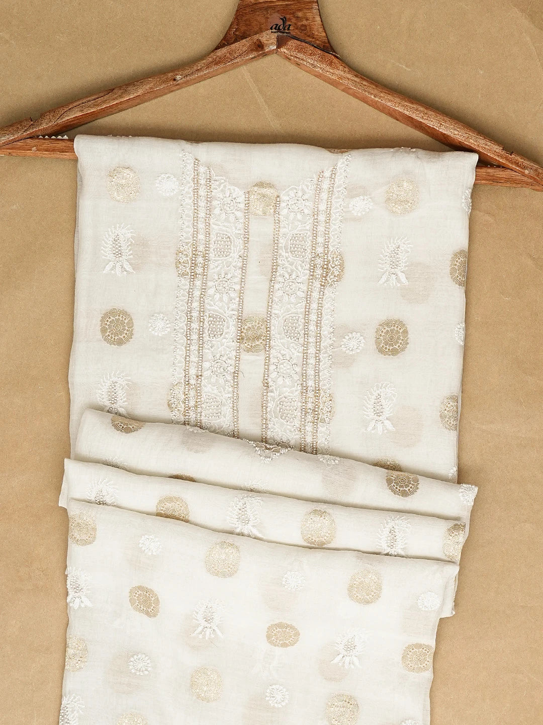 Ada Hand Embroidered White Chanderi Lucknowi Chikankari Unstitched Men's Kurta Piece With Pearl Work 01A837138