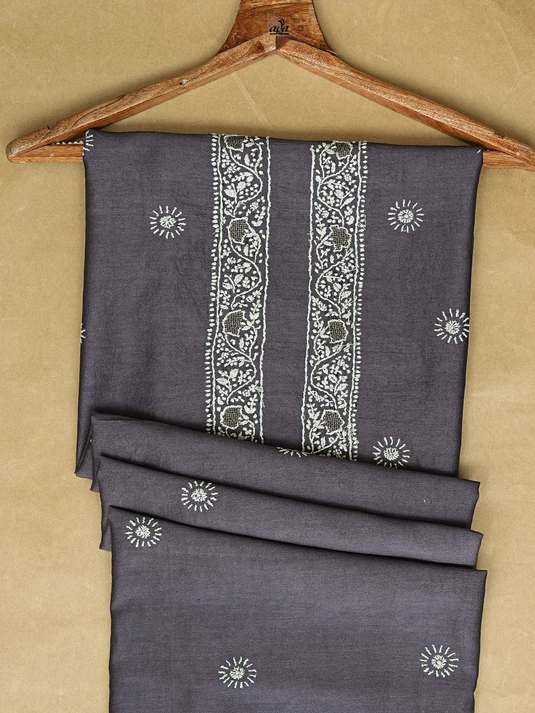 Ada Hand Embroidered Grey Chanderi Lucknowi Chikankari Unstitched Men's Kurta Piece With Zari Work 01A703311