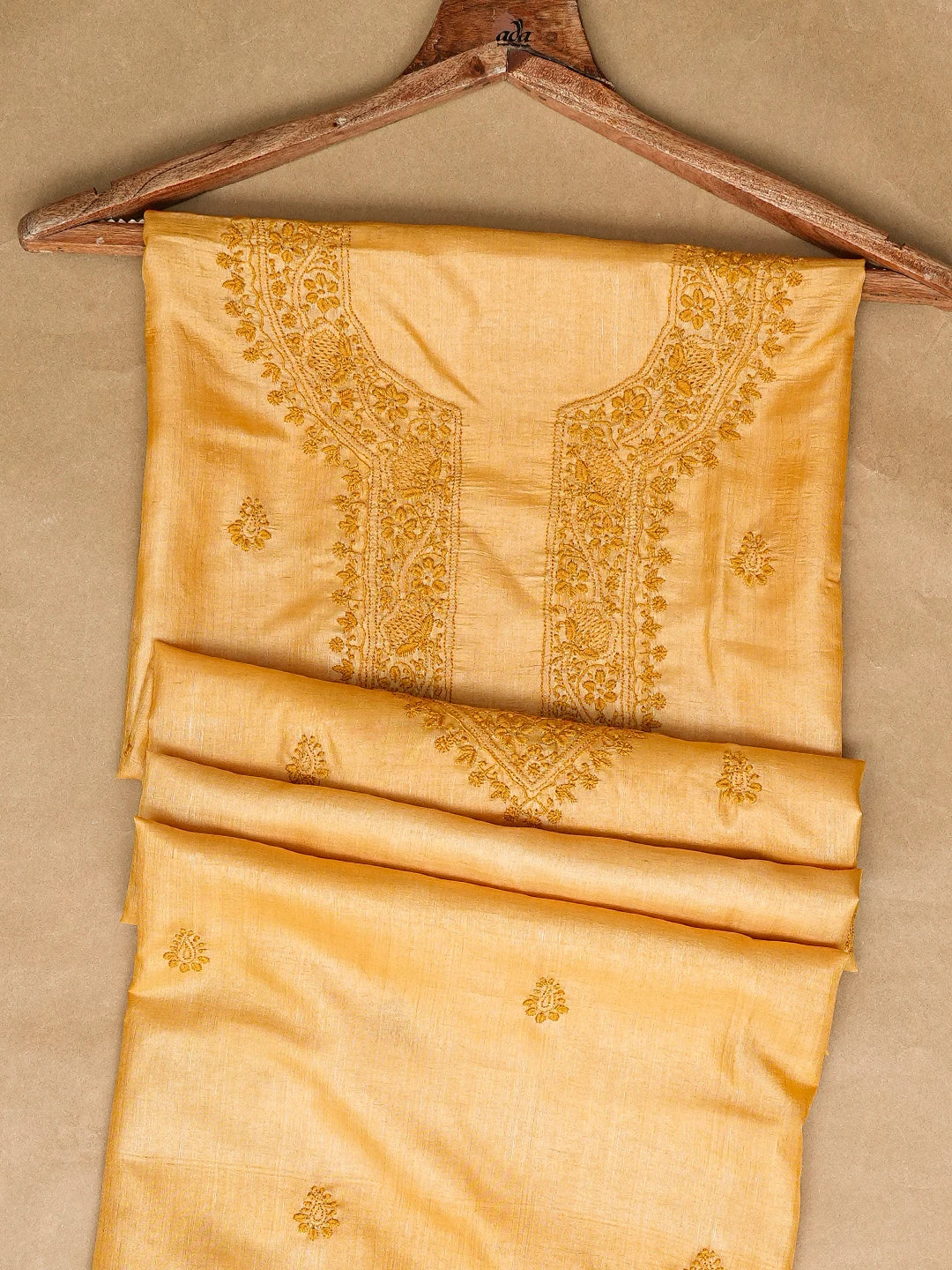 Ada Hand Embroidered Mustard Tussar Silk Lucknowi Chikankari Unstitched Men's Kurta Piece 01A722439