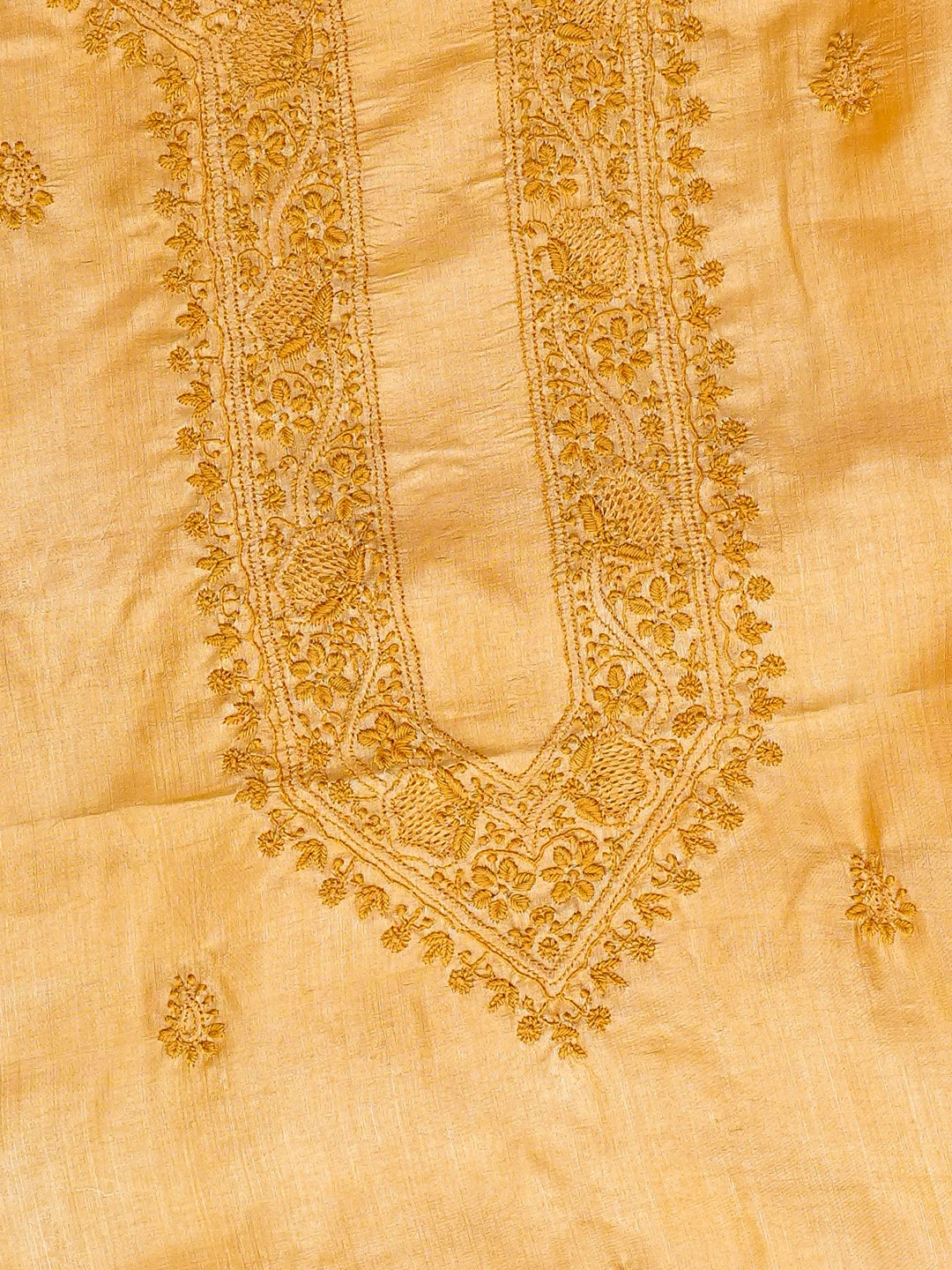 Ada Hand Embroidered Mustard Tussar Silk Lucknowi Chikankari Unstitched Men's Kurta Piece 01A722439
