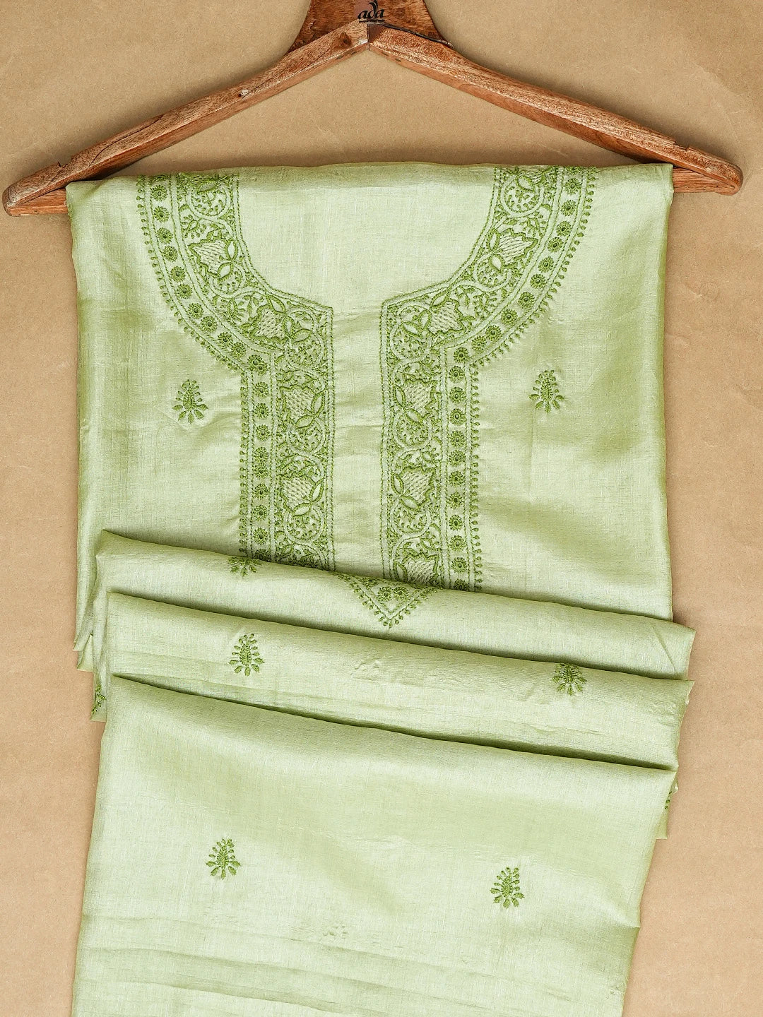Ada Hand Embroidered Green Tussar Silk Lucknowi Chikankari Unstitched Men's Kurta Piece 01A722444