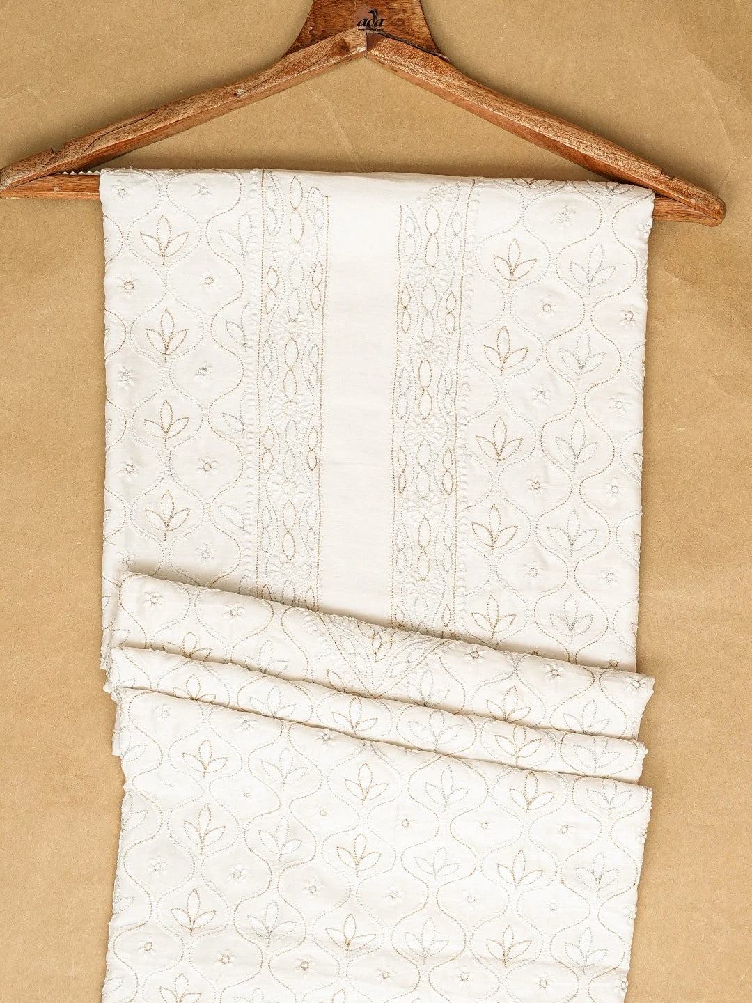 Ada Hand Embroidered White Chanderi Lucknowi Chikankari Unstitched Men's Kurta Piece With Zari Taar Work 01A789278