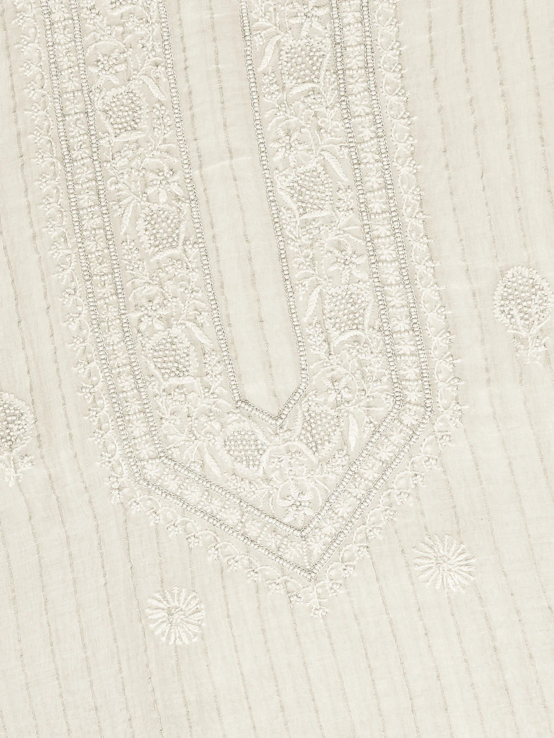 Ada Hand Embroidered White Chanderi Lucknowi Chikankari Unstitched Men's Kurta Piece With Pearl Work 01A837123