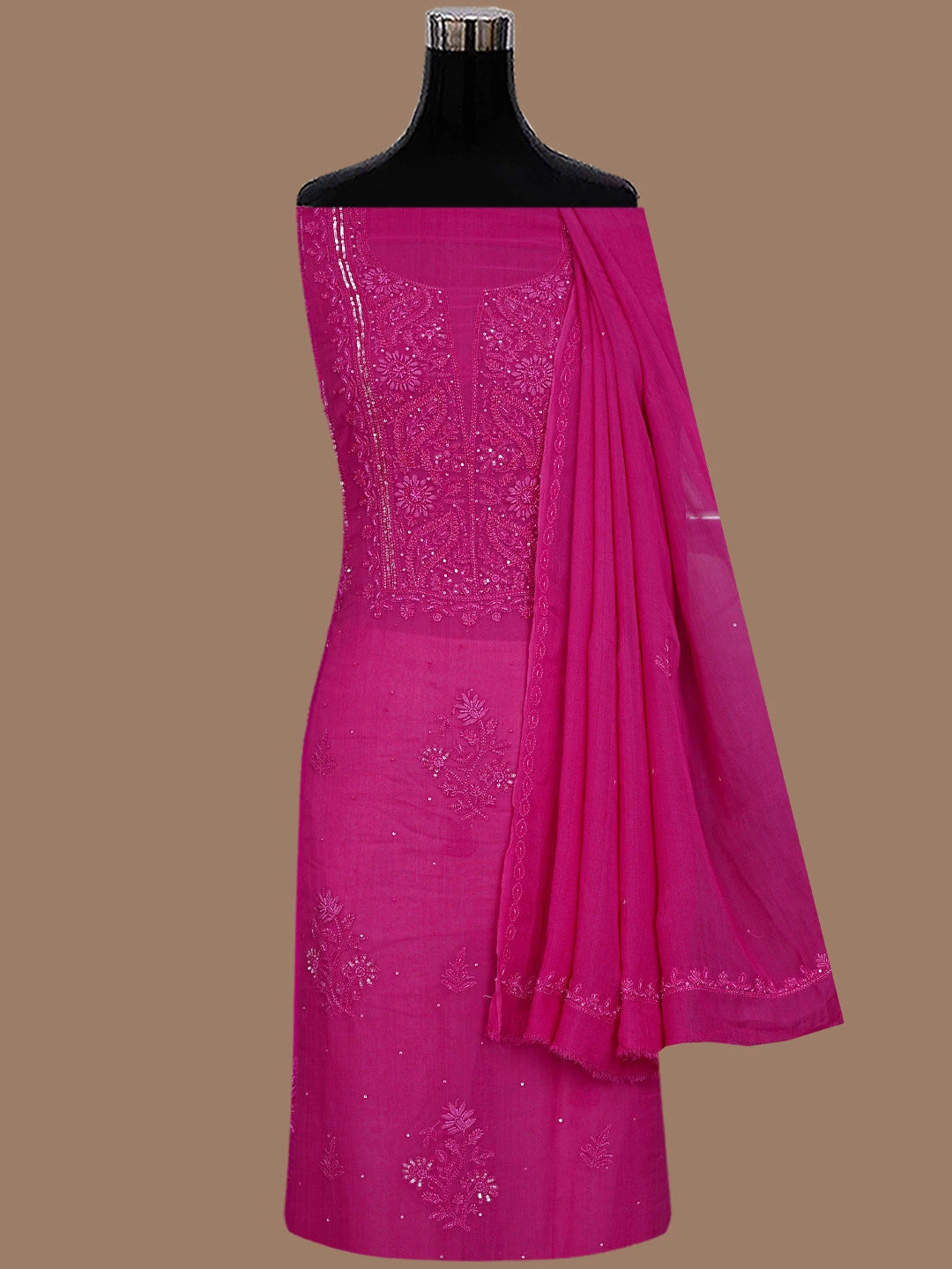 Ada Hand Embroidered Magenta Viscose Georgette Lucknowi Chikankari Unstitched Kurta Dupatta Set With Sequinned Work 01A771716