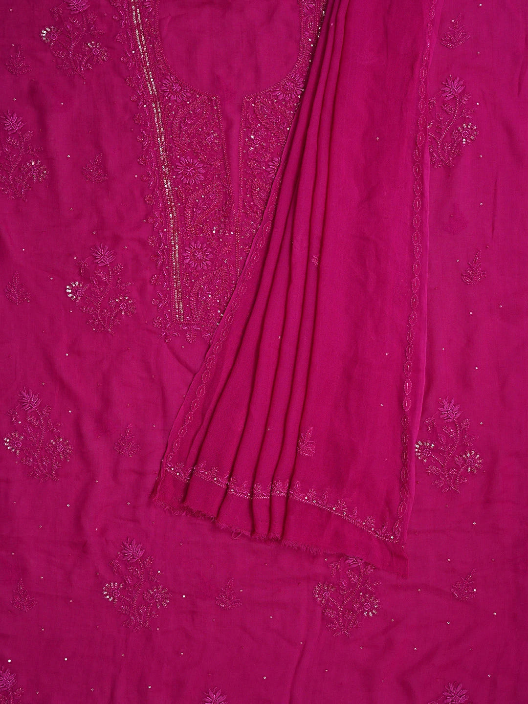 Ada Hand Embroidered Magenta Viscose Georgette Lucknowi Chikankari Unstitched Kurta Dupatta Set With Sequinned Work 01A771716