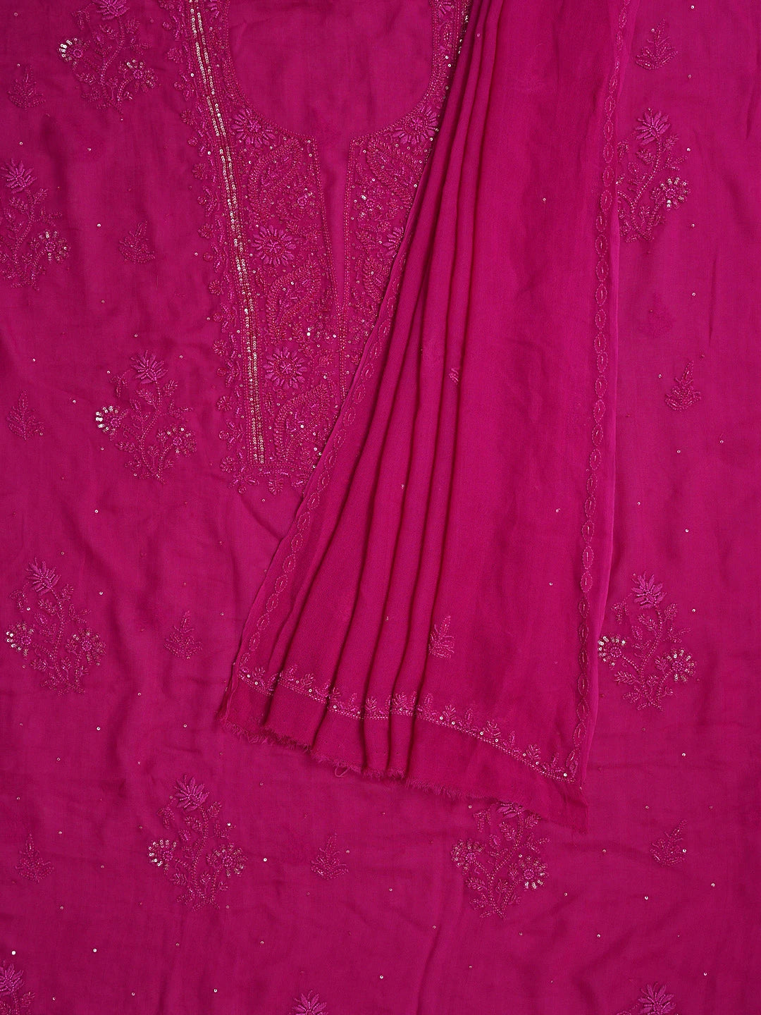 Ada Hand Embroidered Magenta Viscose Georgette Lucknowi Chikankari Unstitched Kurta Dupatta Set With Sequinned Work 01A771716
