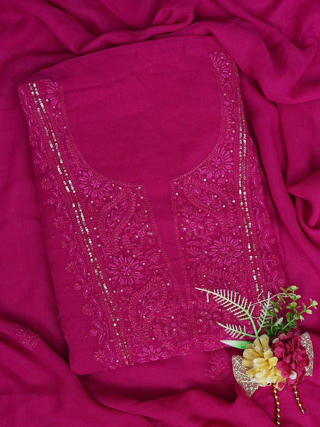 Ada Hand Embroidered Magenta Viscose Georgette Lucknowi Chikankari Unstitched Kurta Dupatta Set With Sequinned Work 01A771716