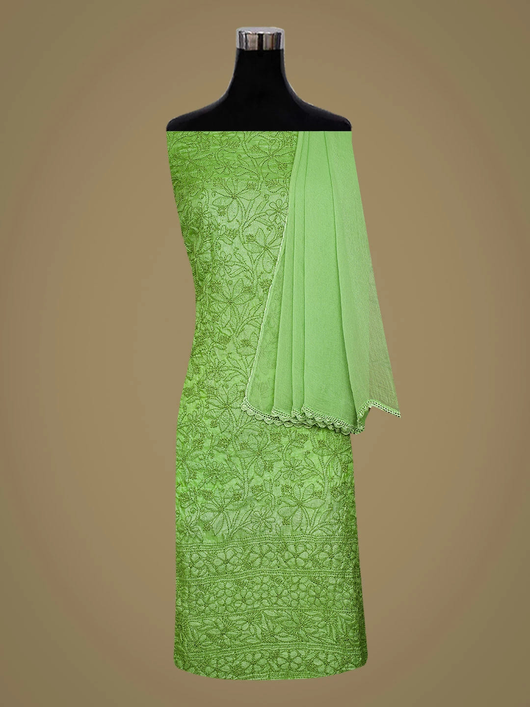 Ada Hand Embroidered Green Tussar Silk Lucknowi Chikankari Unstitched Suit Piece 01A763493