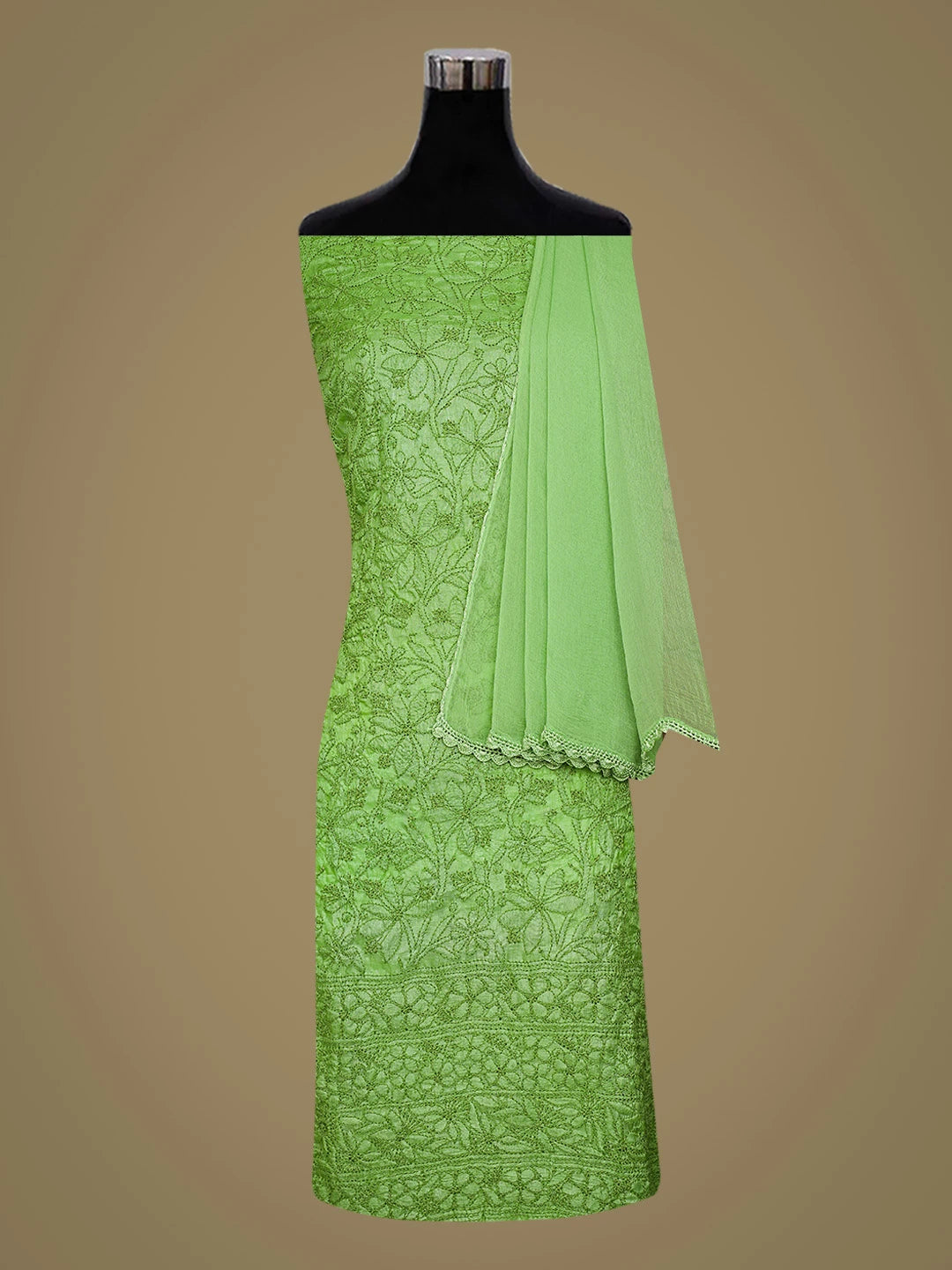 Ada Hand Embroidered Green Tussar Silk Lucknowi Chikankari Unstitched Suit Piece 01A763493