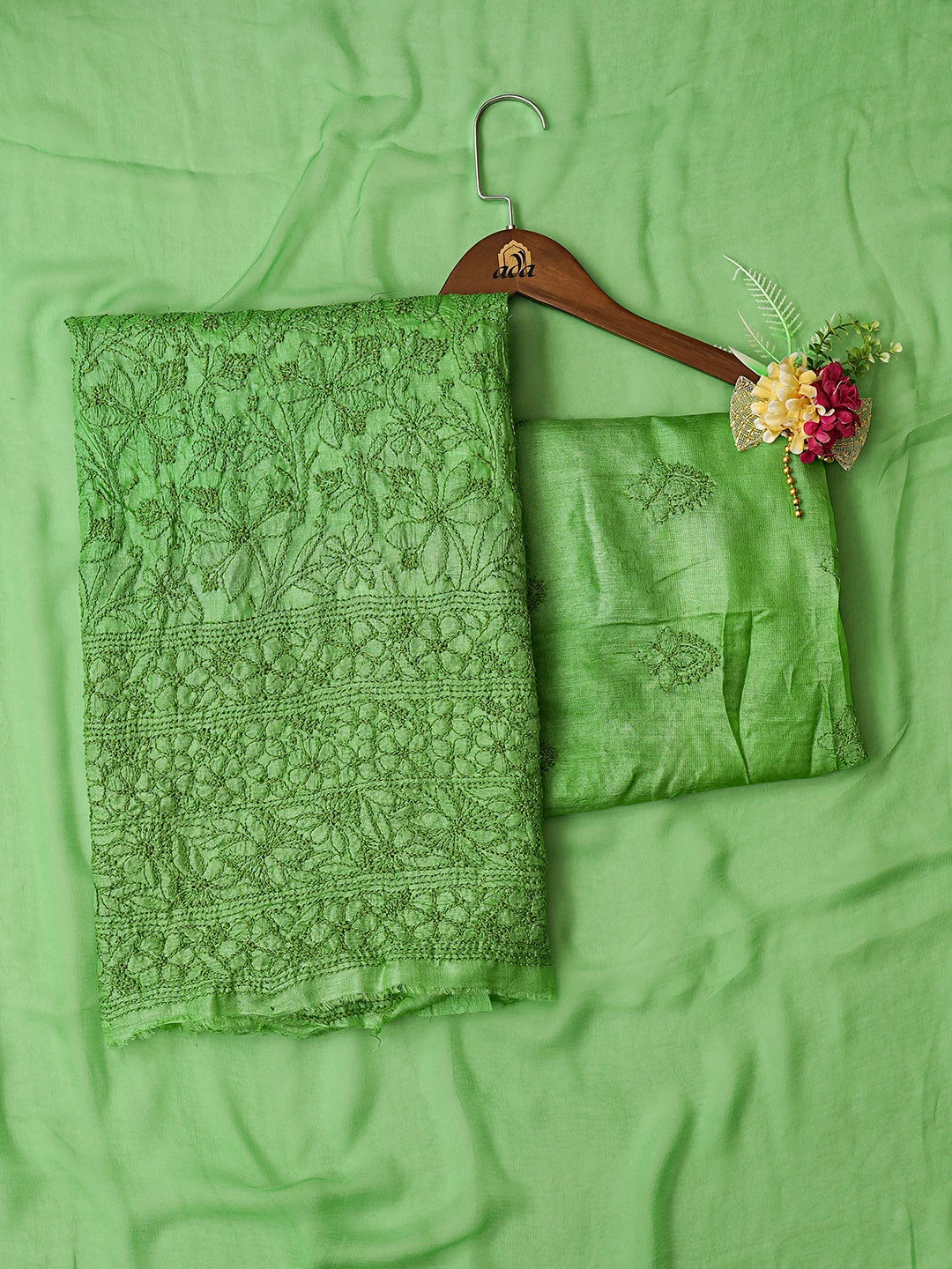 Ada Hand Embroidered Green Tussar Silk Lucknowi Chikankari Unstitched Suit Piece 01A763493