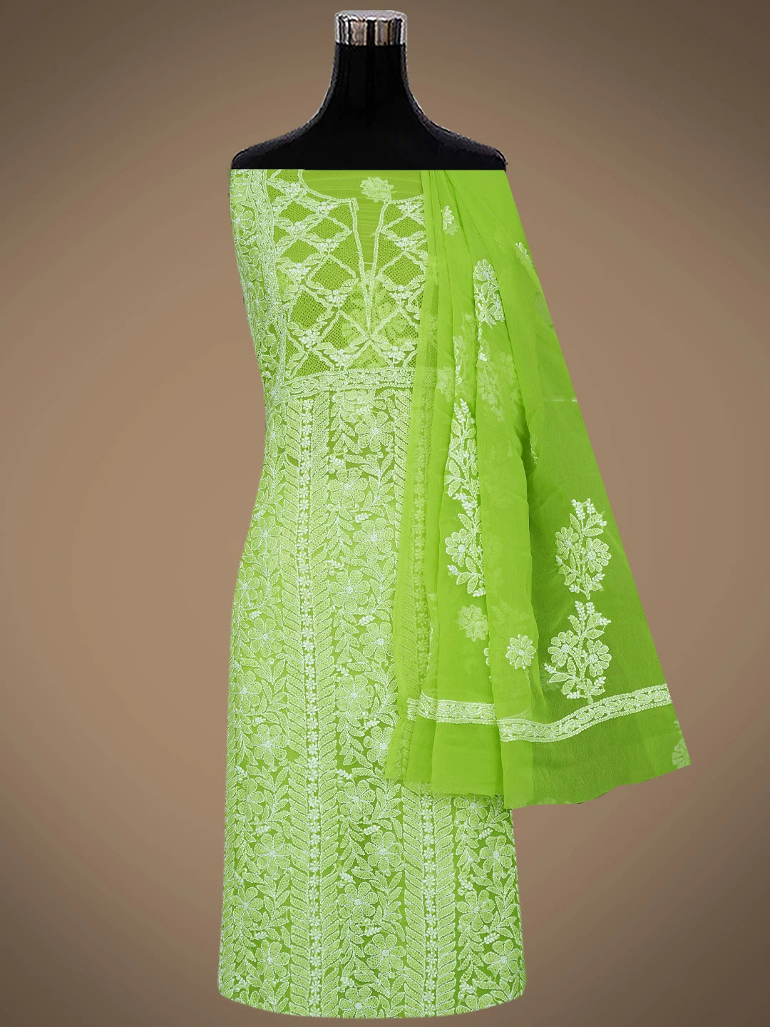 Ada Hand Embroidered Green Georgette Lucknowi Chikankari Unstitched Suit Piece 01A707960