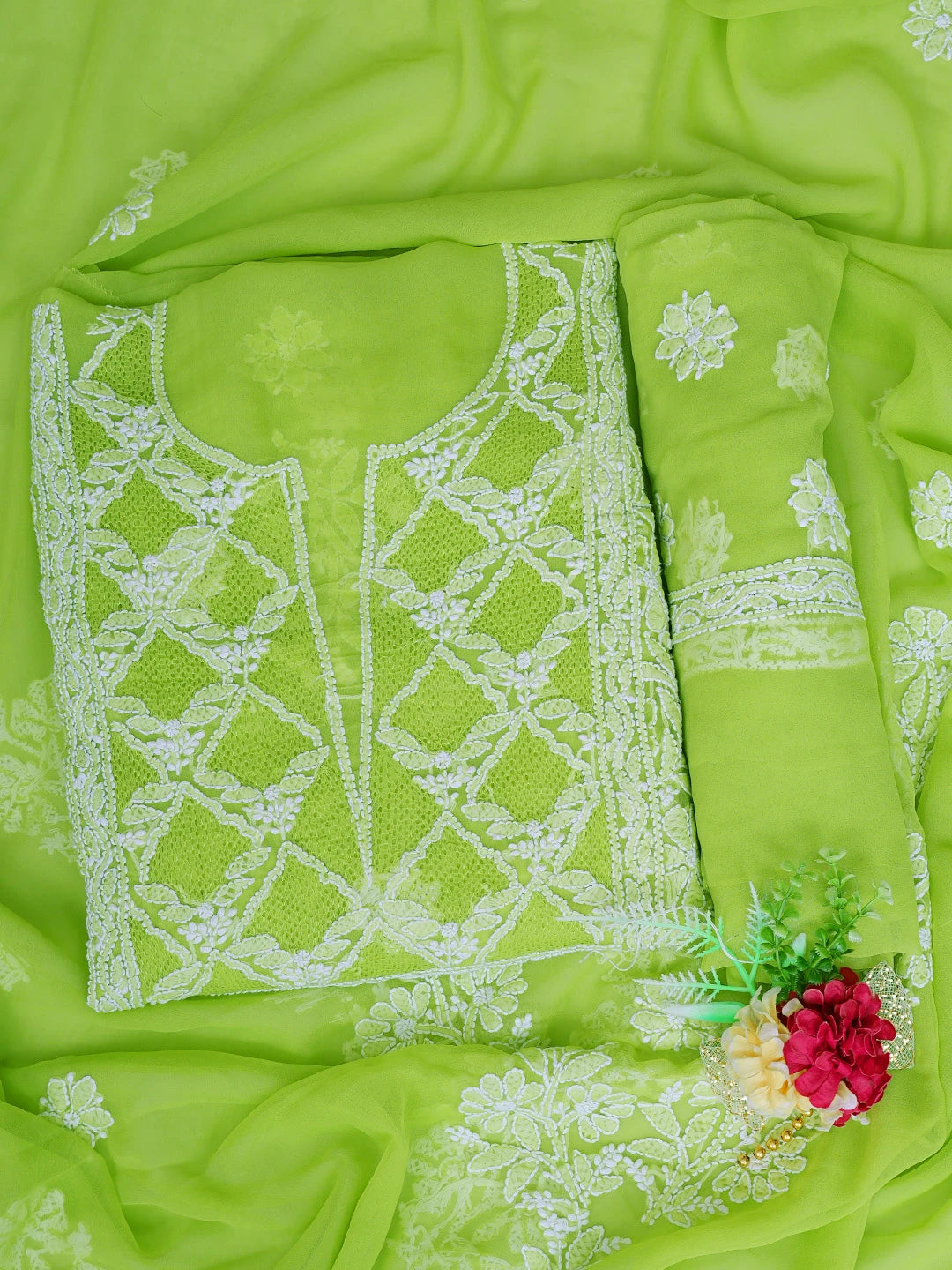 Ada Hand Embroidered Green Georgette Lucknowi Chikankari Unstitched Suit Piece 01A707960