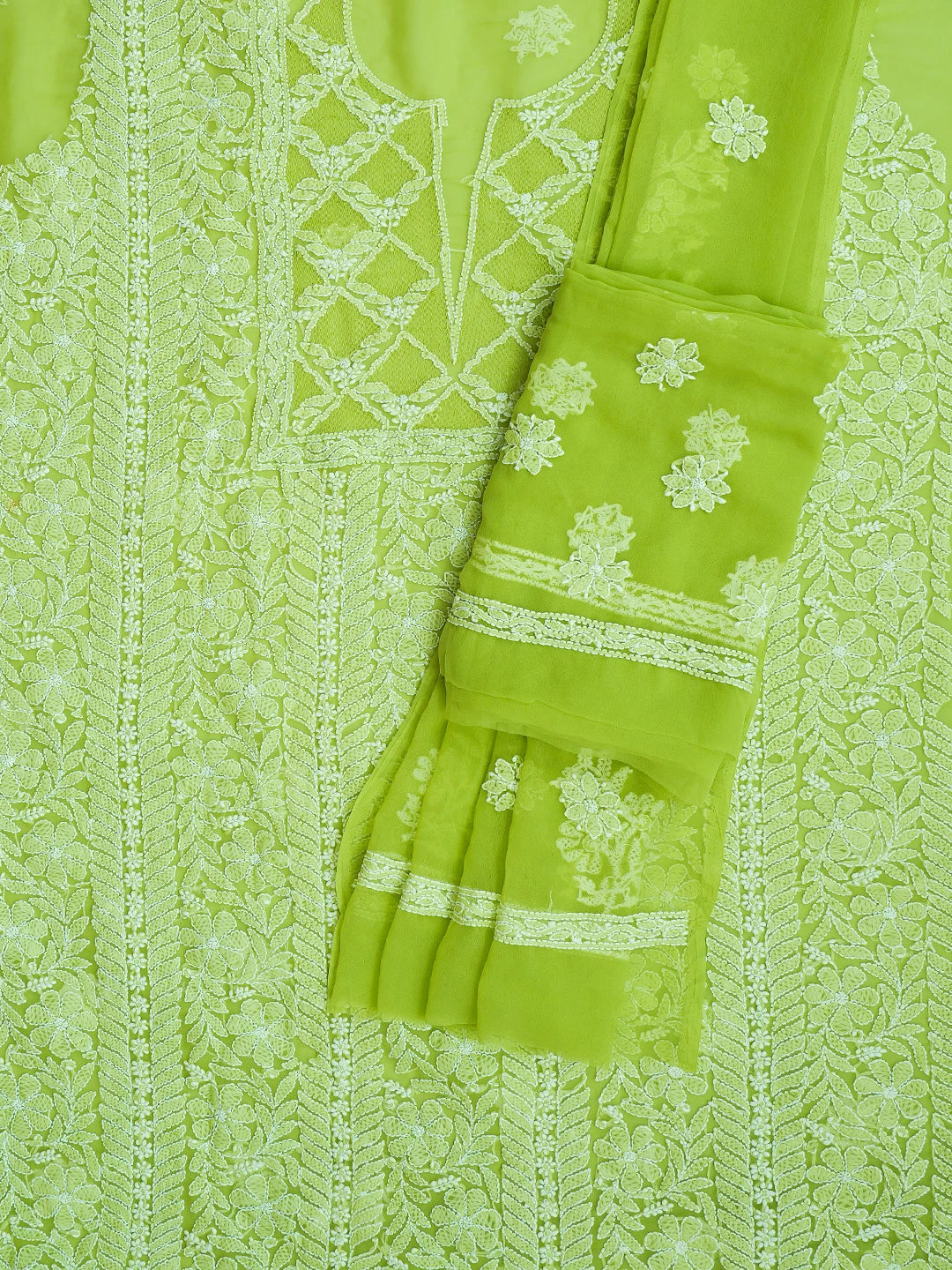 Ada Hand Embroidered Green Georgette Lucknowi Chikankari Unstitched Suit Piece 01A707960
