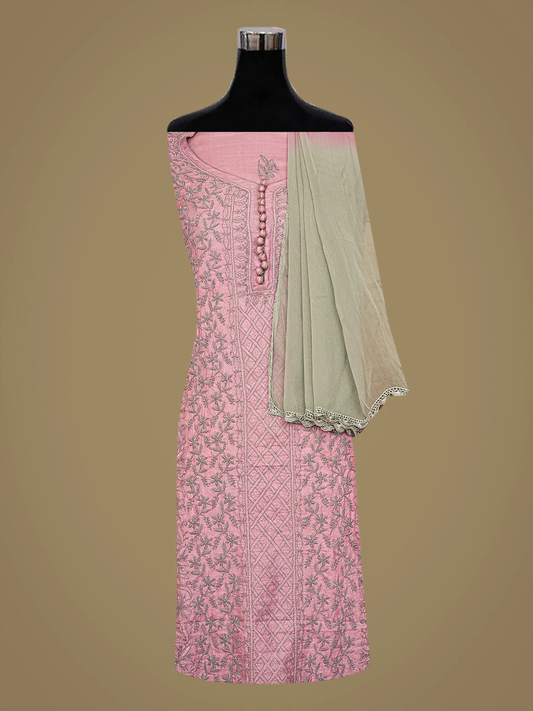 Ada Hand Embroidered Onion Pink Silk Lucknowi Chikankari Unstitched Suit Piece With Cutdana Work 01A718768