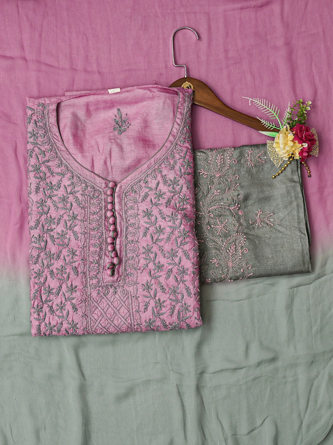 Ada Hand Embroidered Onion Pink Silk Lucknowi Chikankari Unstitched Suit Piece With Cutdana Work 01A718768