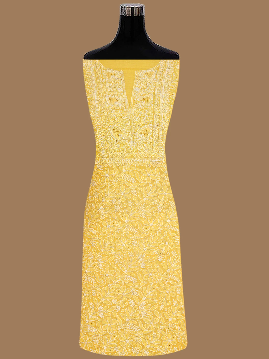 Ada Hand Embroidered Biscuit Yellow Chanderi Lucknowi Chikankari Unstitched Kurta Dupatta Set With Muqaish Work 01A708623