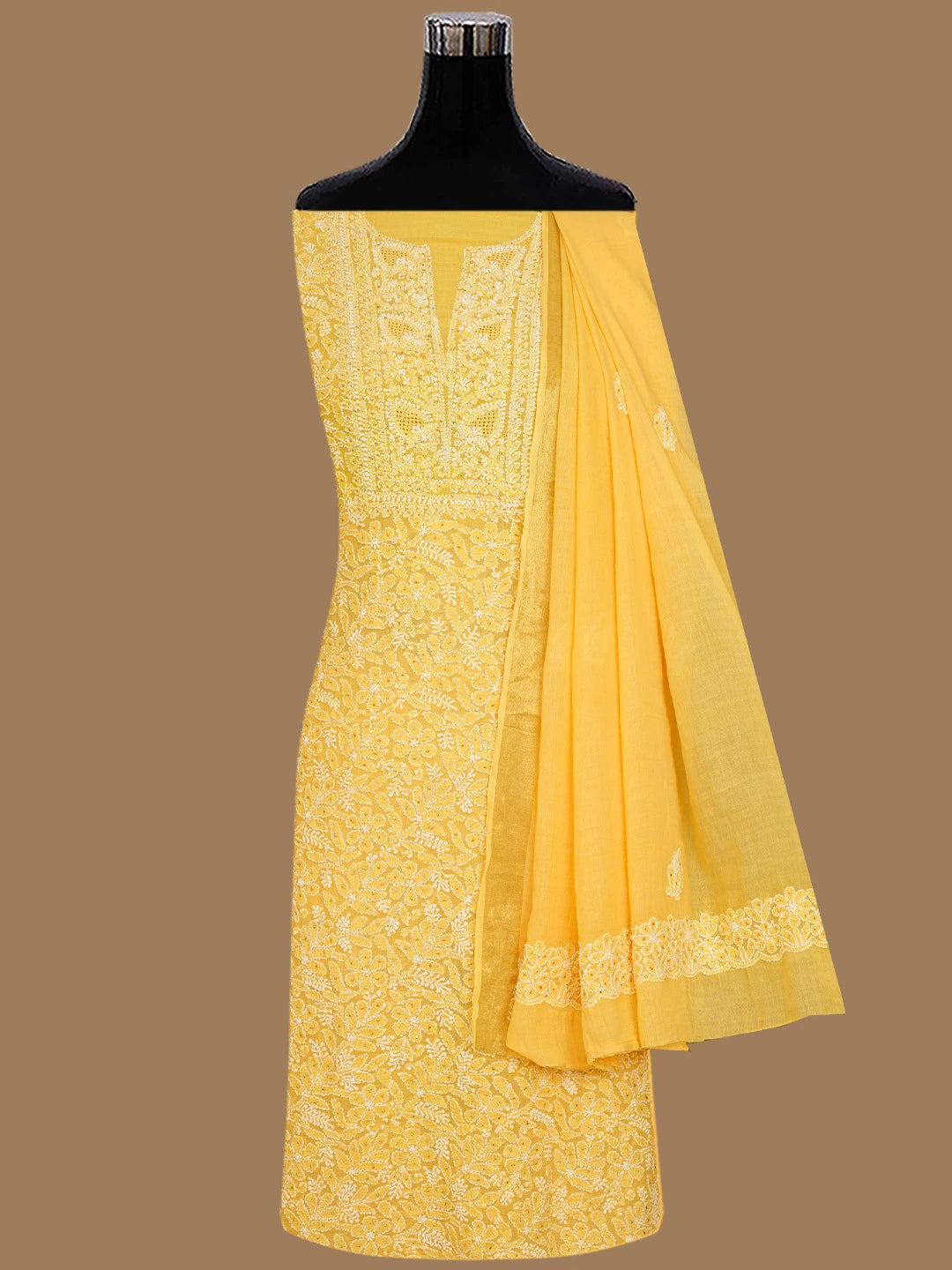 Ada Hand Embroidered Biscuit Yellow Chanderi Lucknowi Chikankari Unstitched Kurta Dupatta Set With Muqaish Work 01A708623