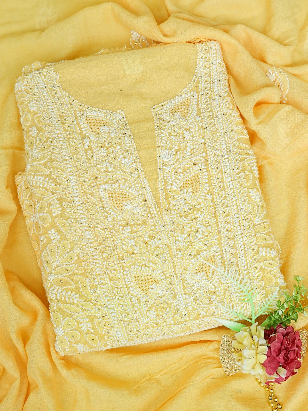 Ada Hand Embroidered Biscuit Yellow Chanderi Lucknowi Chikankari Unstitched Kurta Dupatta Set With Muqaish Work 01A708623