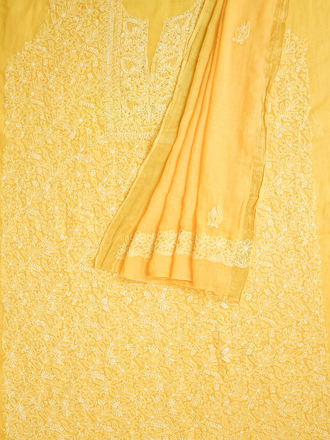 Ada Hand Embroidered Biscuit Yellow Chanderi Lucknowi Chikankari Unstitched Kurta Dupatta Set With Muqaish Work 01A708623