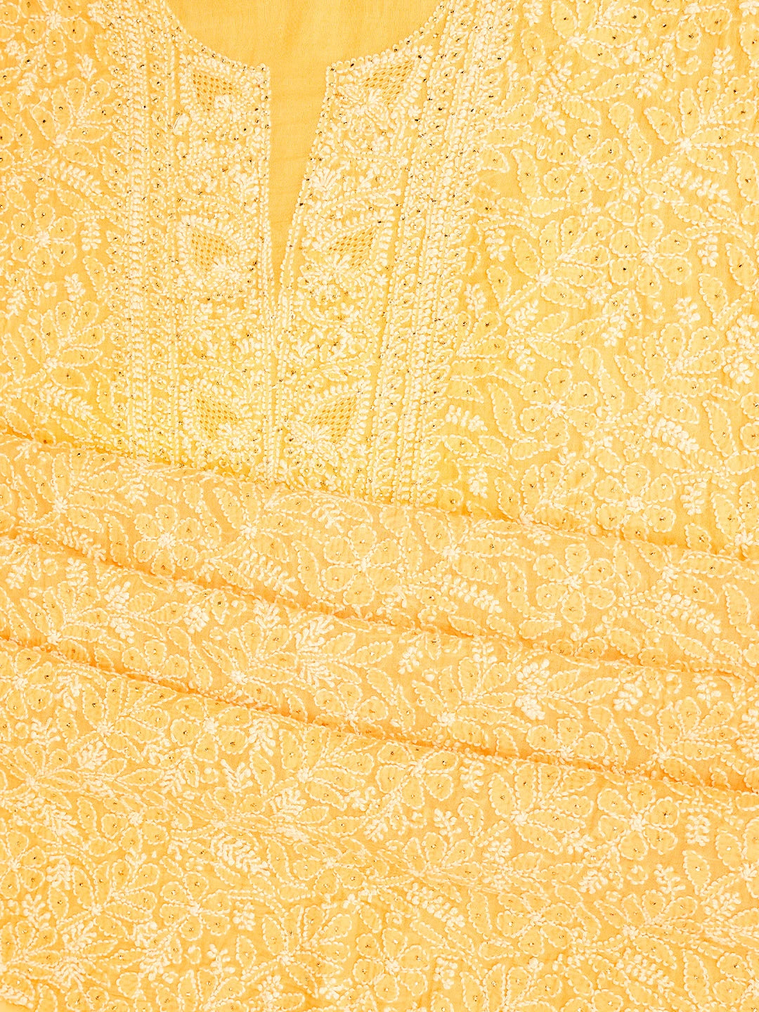 Ada Hand Embroidered Biscuit Yellow Chanderi Lucknowi Chikankari Unstitched Kurta Dupatta Set With Muqaish Work 01A708623