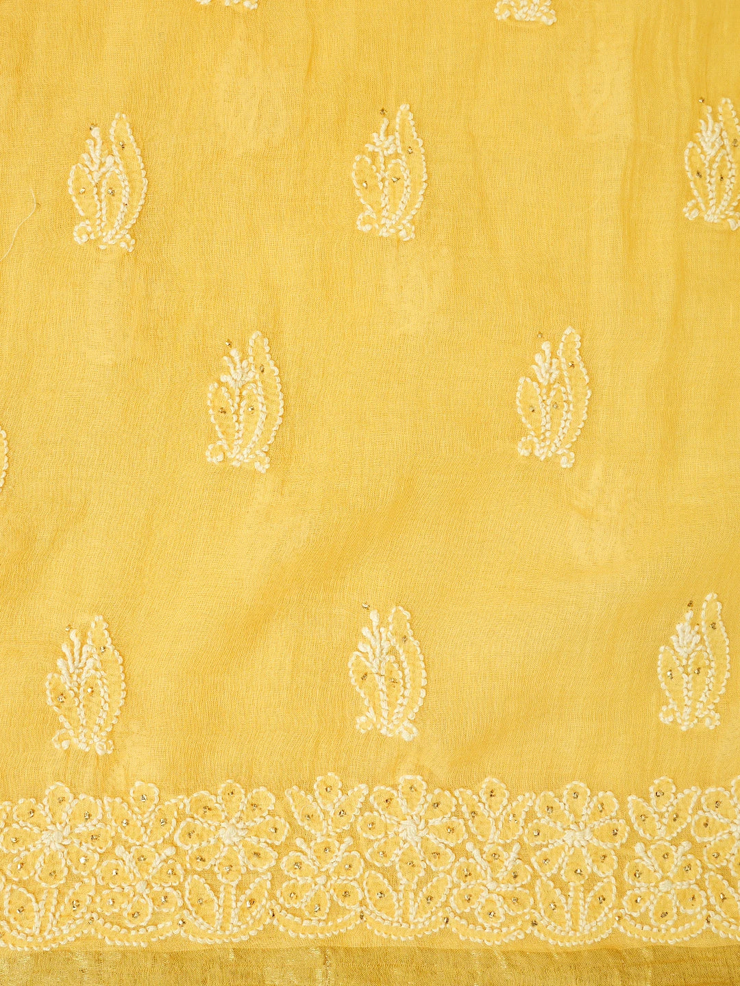 Ada Hand Embroidered Biscuit Yellow Chanderi Lucknowi Chikankari Unstitched Kurta Dupatta Set With Muqaish Work 01A708623