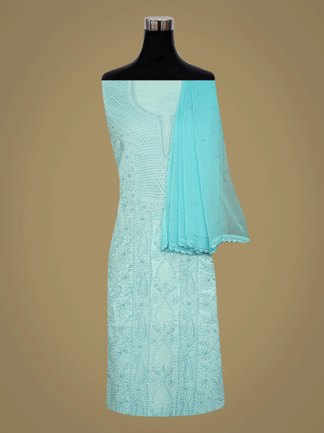 Ada Hand Embroidered Blue Cotton Lucknowi Chikankari Unstitched Suit Piece 01A839579