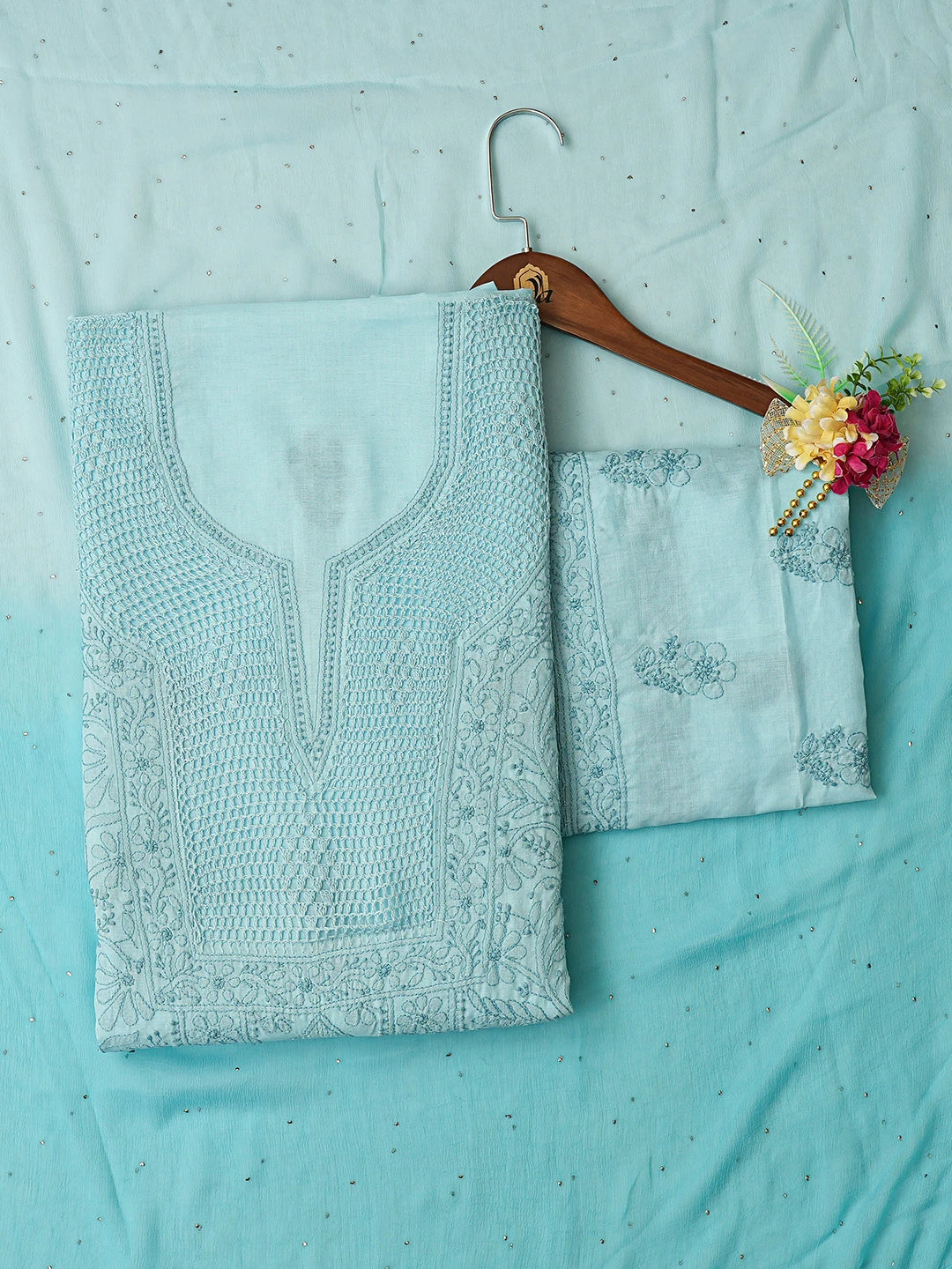 Ada Hand Embroidered Blue Cotton Lucknowi Chikankari Unstitched Suit Piece 01A839579